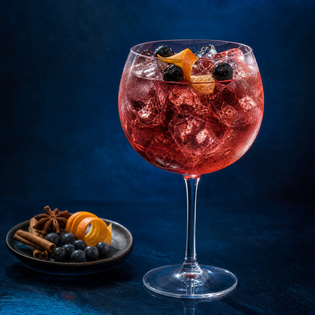 Mikrogorzelnia Sloe Gin servi avec Fever-Tree Indian Tonic Water, agrémenté de orange peel twist et sloe berries