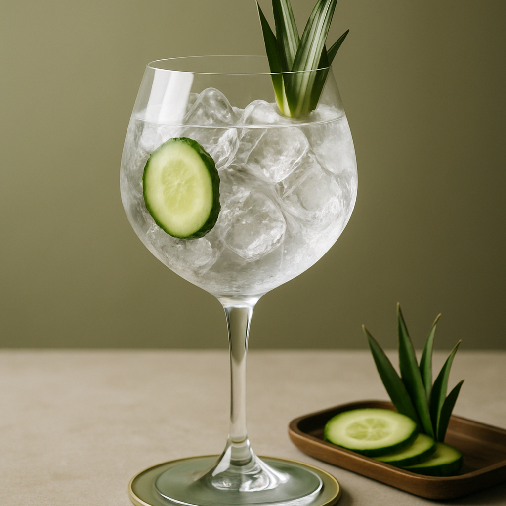 Hendrick's Amazonia servi avec Thomas Henry Tonic Water, agrémenté de Pineapple Leaves et Cucumber Slice