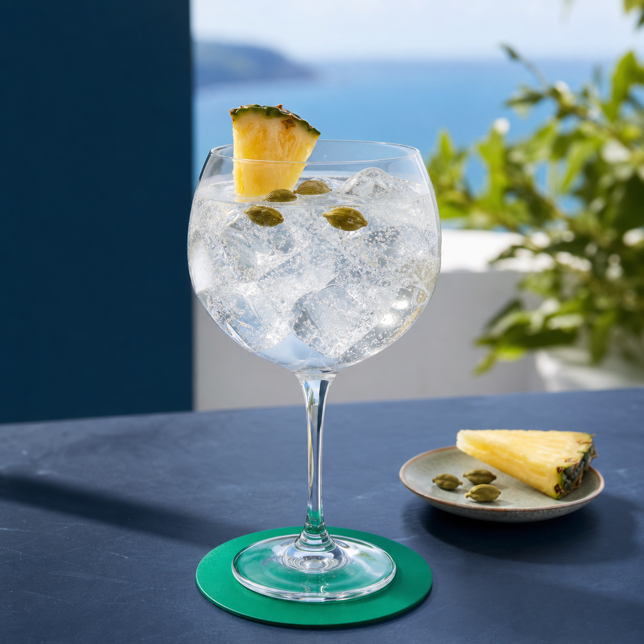 Azor Zero servi avec Fever-Tree Indian Tonic Water, agrémenté de green cardamom pods et Azorean pineapple wedge
