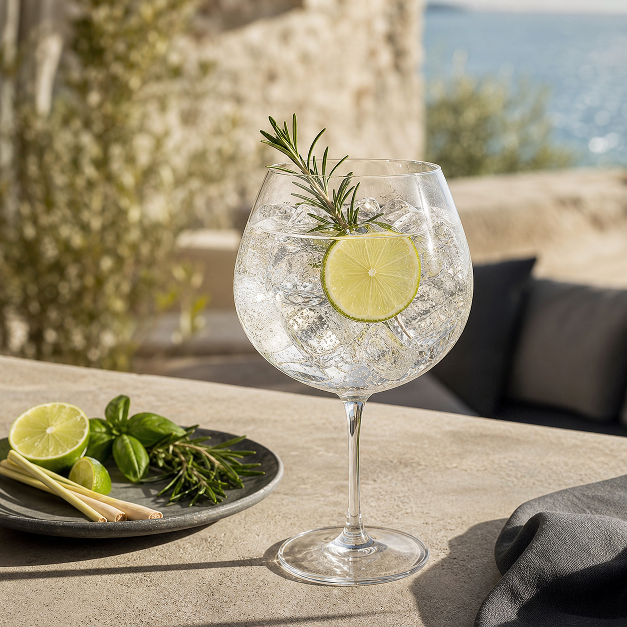 Benefício Gin Estival served with Fever-Tree Mediterranean Tonic Water, garnished with lime wheel and fresh rosemary sprig