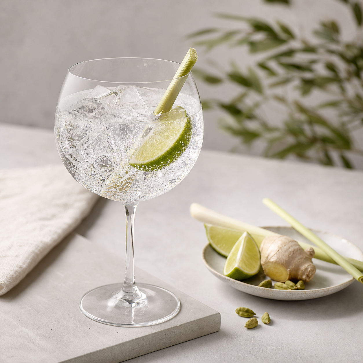 Benefício Gin Herbal servi avec Fever-Tree Mediterranean Tonic Water, agrémenté de lemongrass stalk et lime wedge