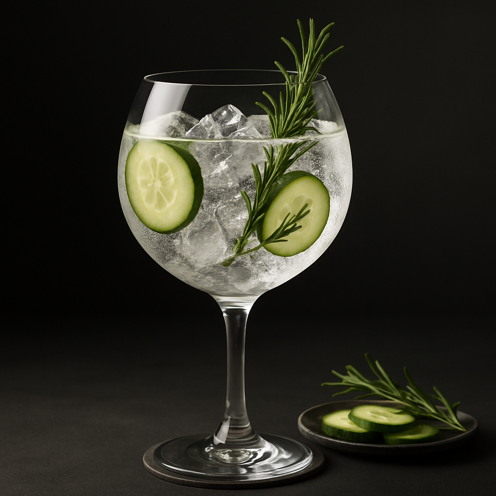 Hendrick's Gin served with Fever-Tree Mediterranean Tonic Water, garnished with Cucumber Slices and Fresh Rosemary Sprig