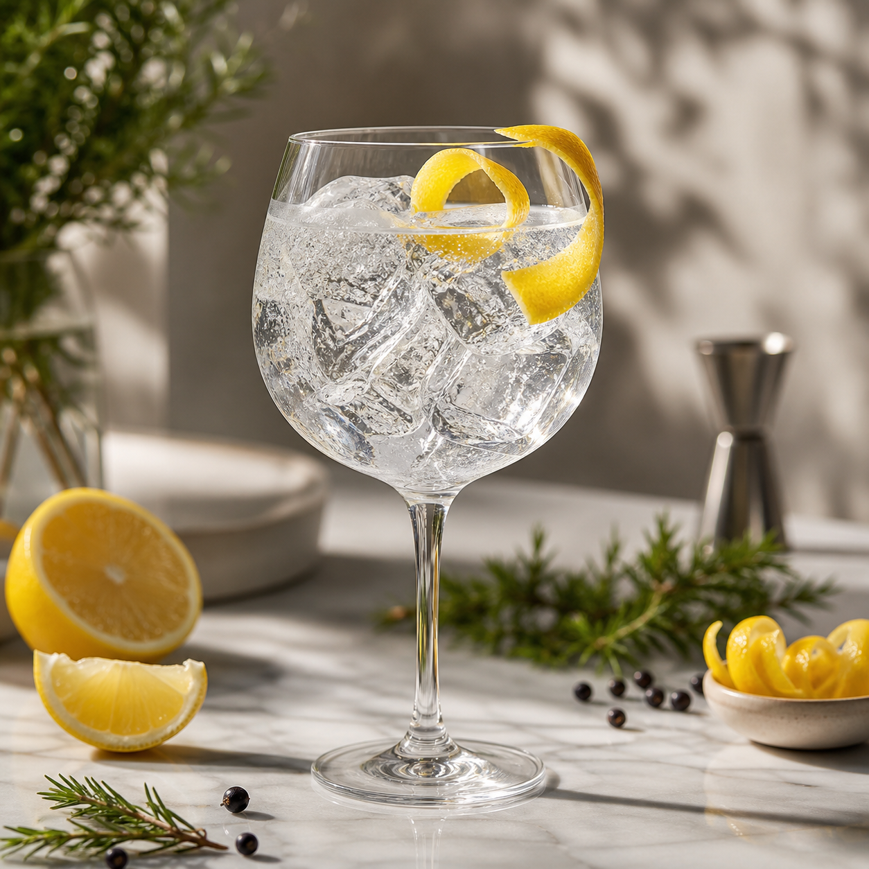 Antidote London Dry served with Fever-Tree Indian Tonic Water, garnished with lemon peel twist