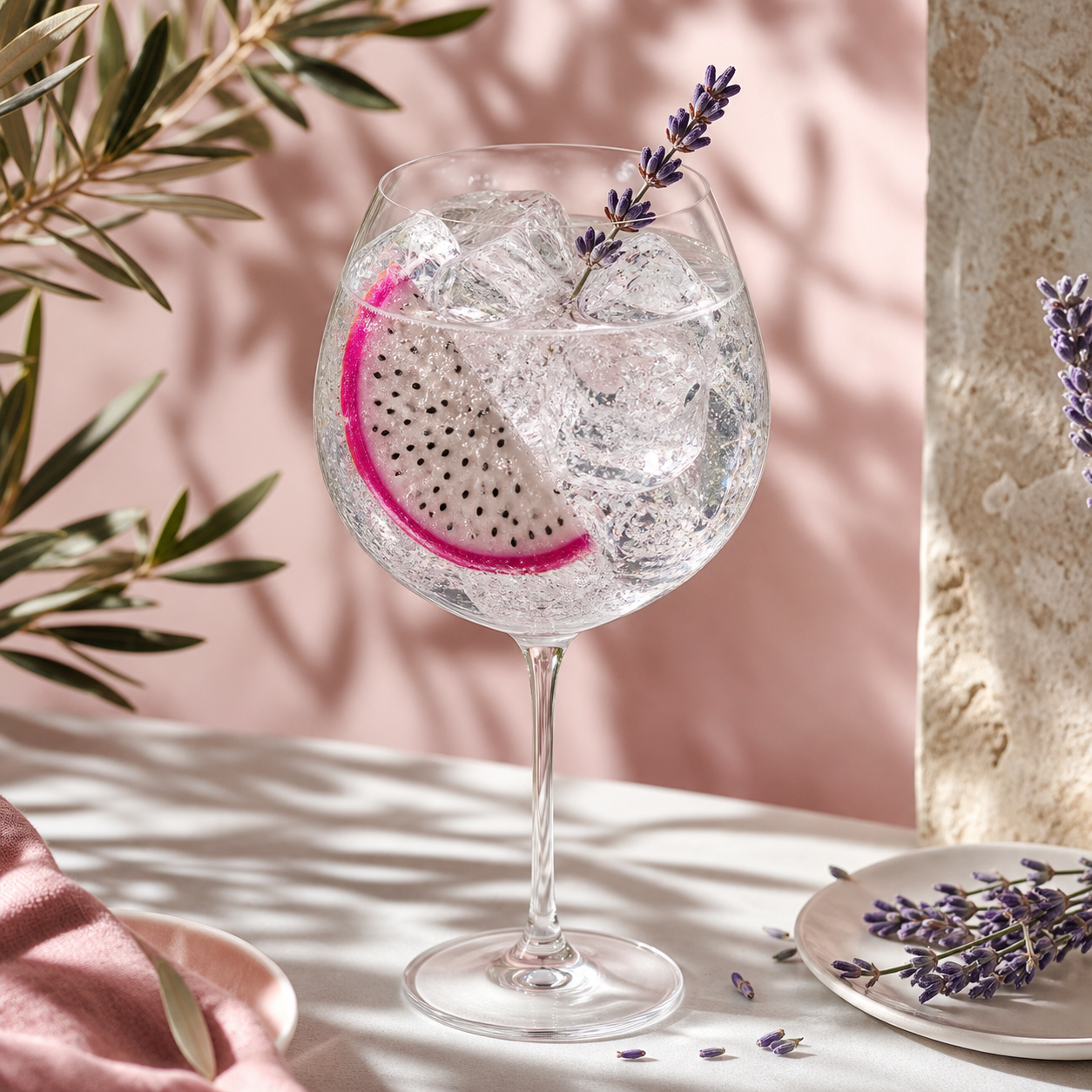 Two Shores Gin served with Fever-Tree Mediterranean Tonic Water, garnished with dragon fruit slice and lavender sprig
