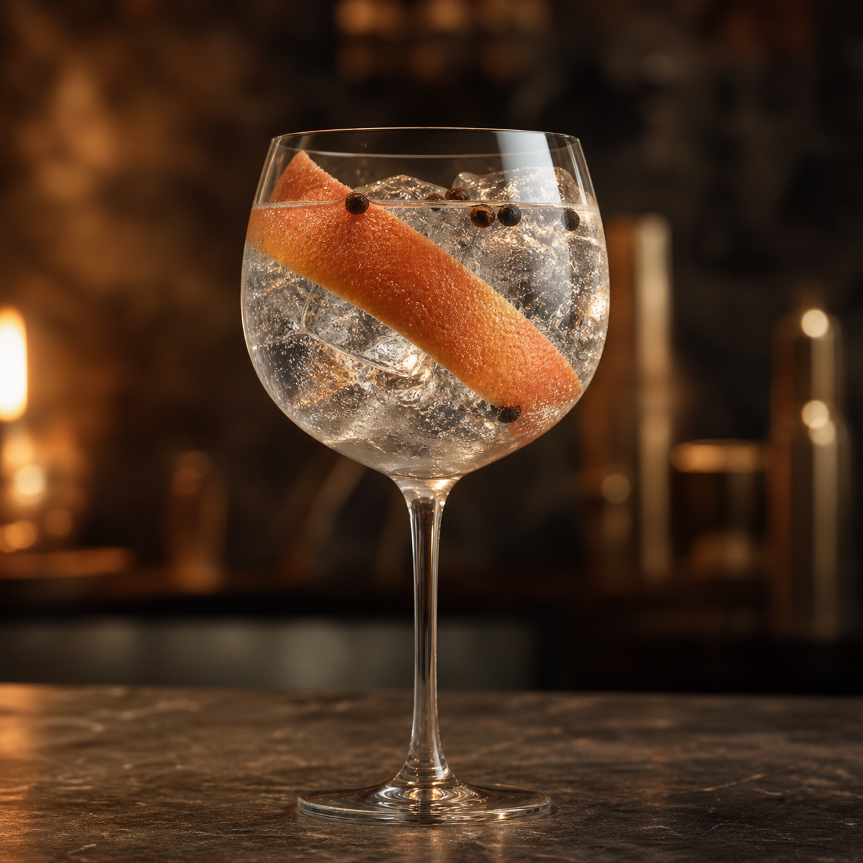 St. George Dry Rye Gin servi avec Fever-Tree Indian Tonic Water, agrémenté de grapefruit peel et black peppercorns