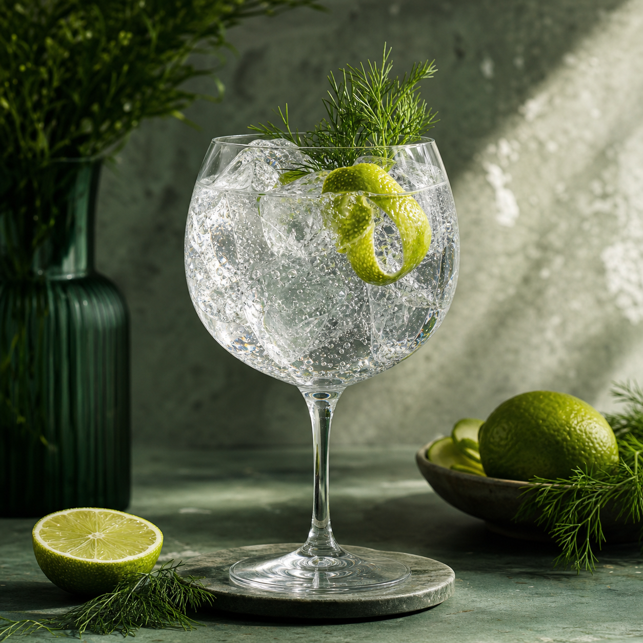St. George Botanivore Gin served with Fever-Tree Mediterranean Tonic Water, garnished with lime peel and fresh dill sprig