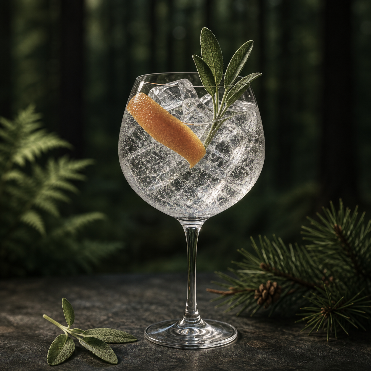 St. George Terroir Gin served with Fever-Tree Mediterranean Tonic Water, garnished with grapefruit peel and fresh sage sprig