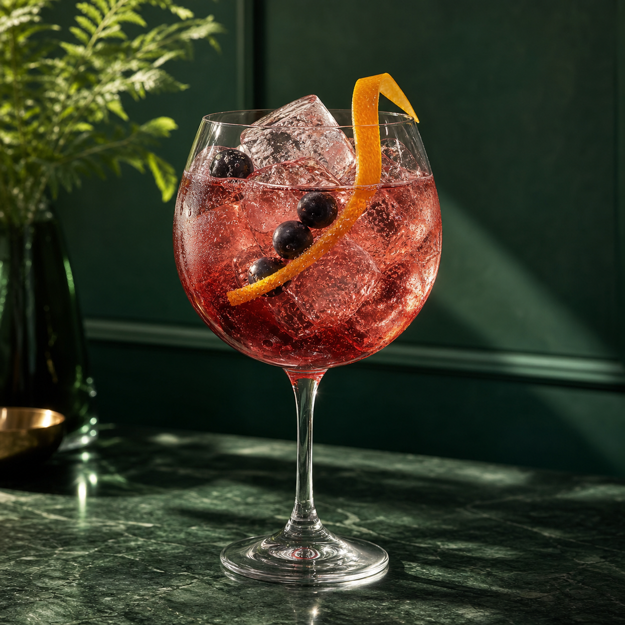 Plymouth Sloe Gin served with Fever-Tree Indian Tonic Water, garnished with orange peel twist and sloe berries