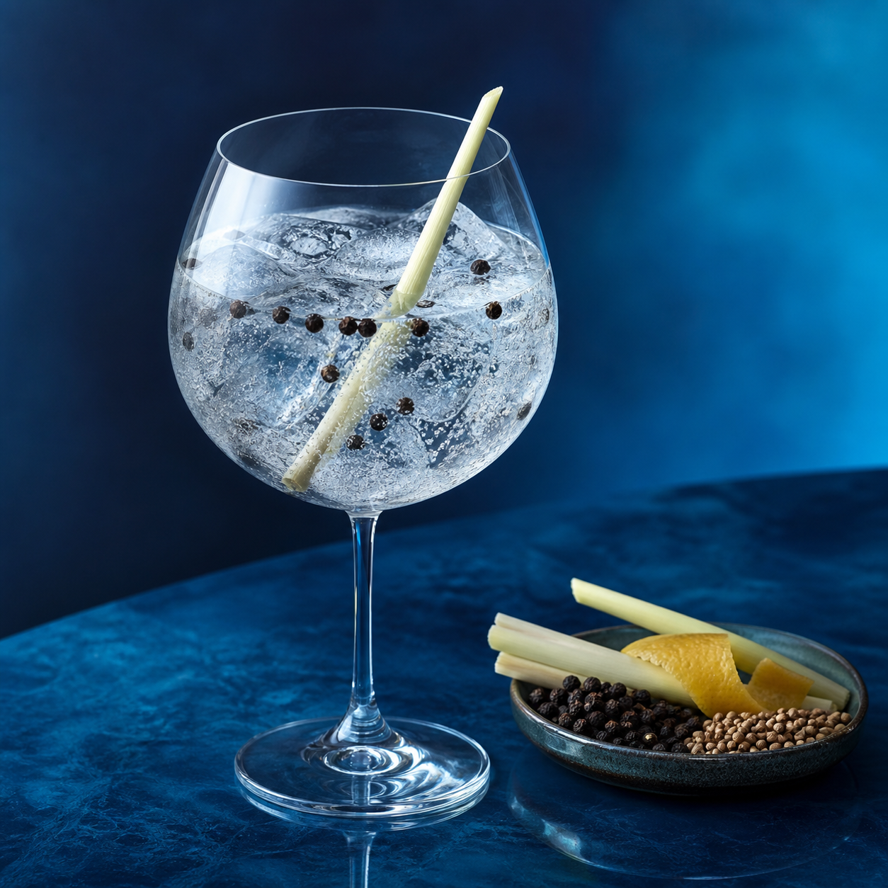Bombay Sapphire East servi avec Fever-Tree Mediterranean Tonic Water, agrémenté de lemongrass stalk et black peppercorns