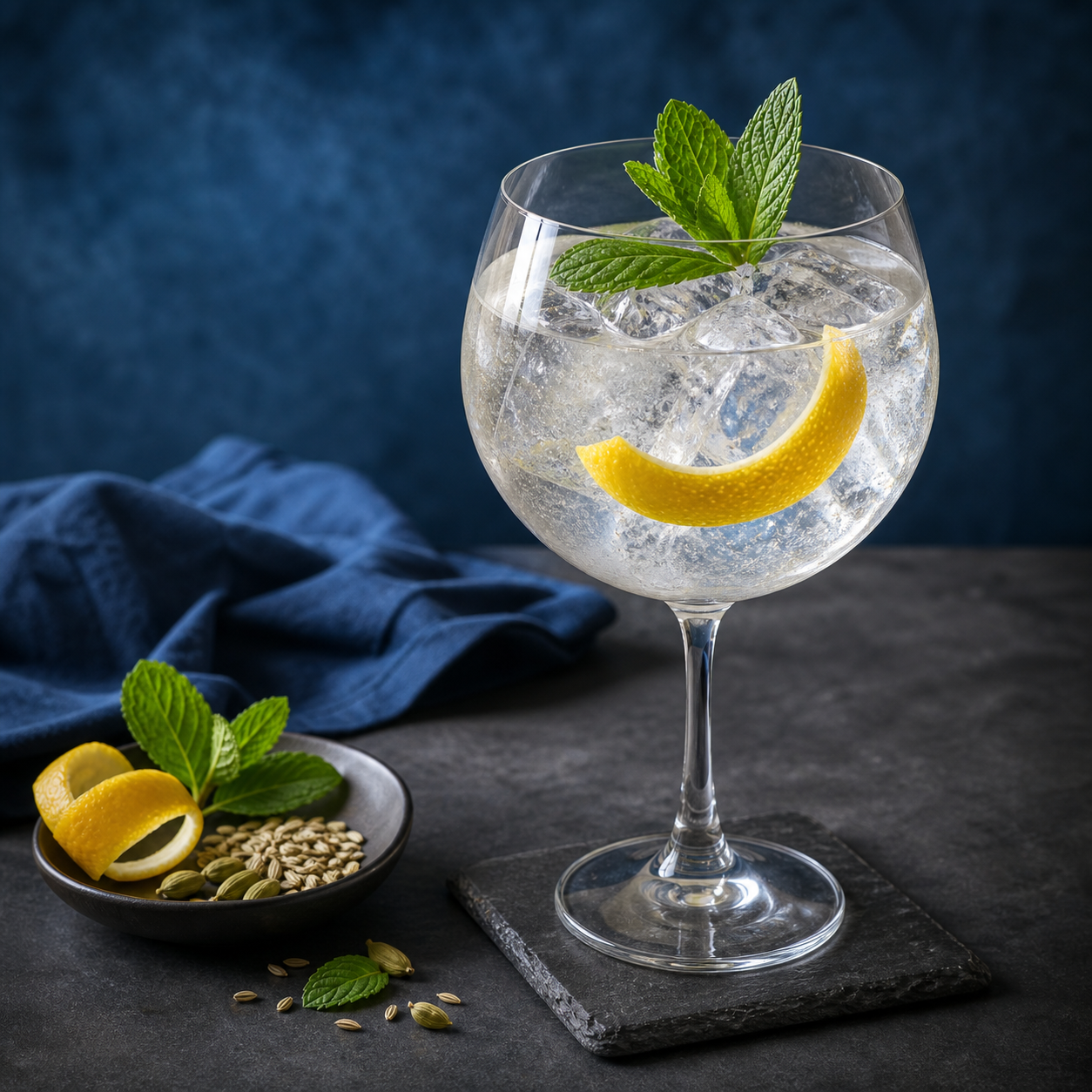 Ginius Gin served with Fever-Tree Mediterranean Tonic Water, garnished with lemon peel twist and fresh mint sprig