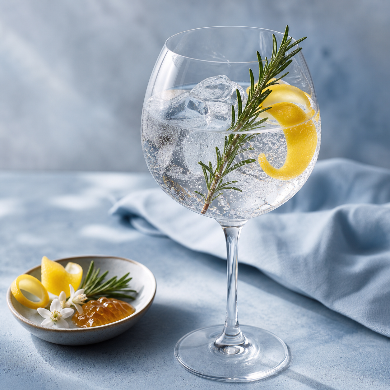 Bica Premium Gin served with Fever-Tree Mediterranean Tonic Water, garnished with lemon peel twist and fresh rosemary sprig