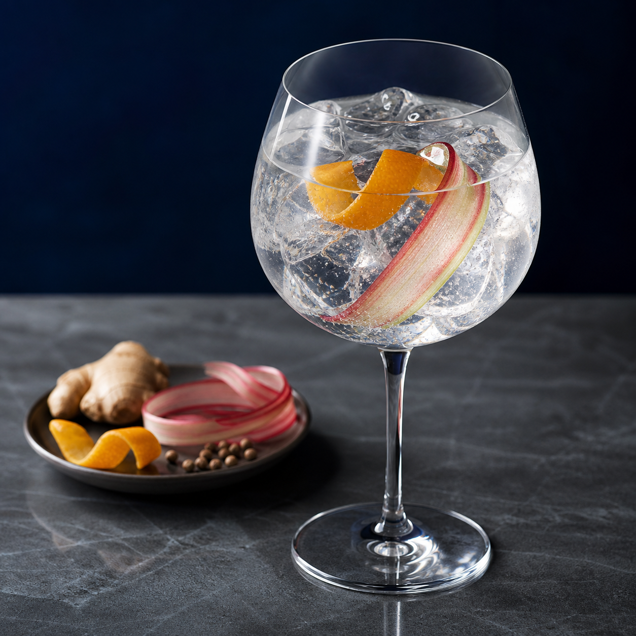 Sinner's Gin servi avec Fever-Tree Indian Tonic Water, agrémenté de orange peel twist et rhubarb ribbon