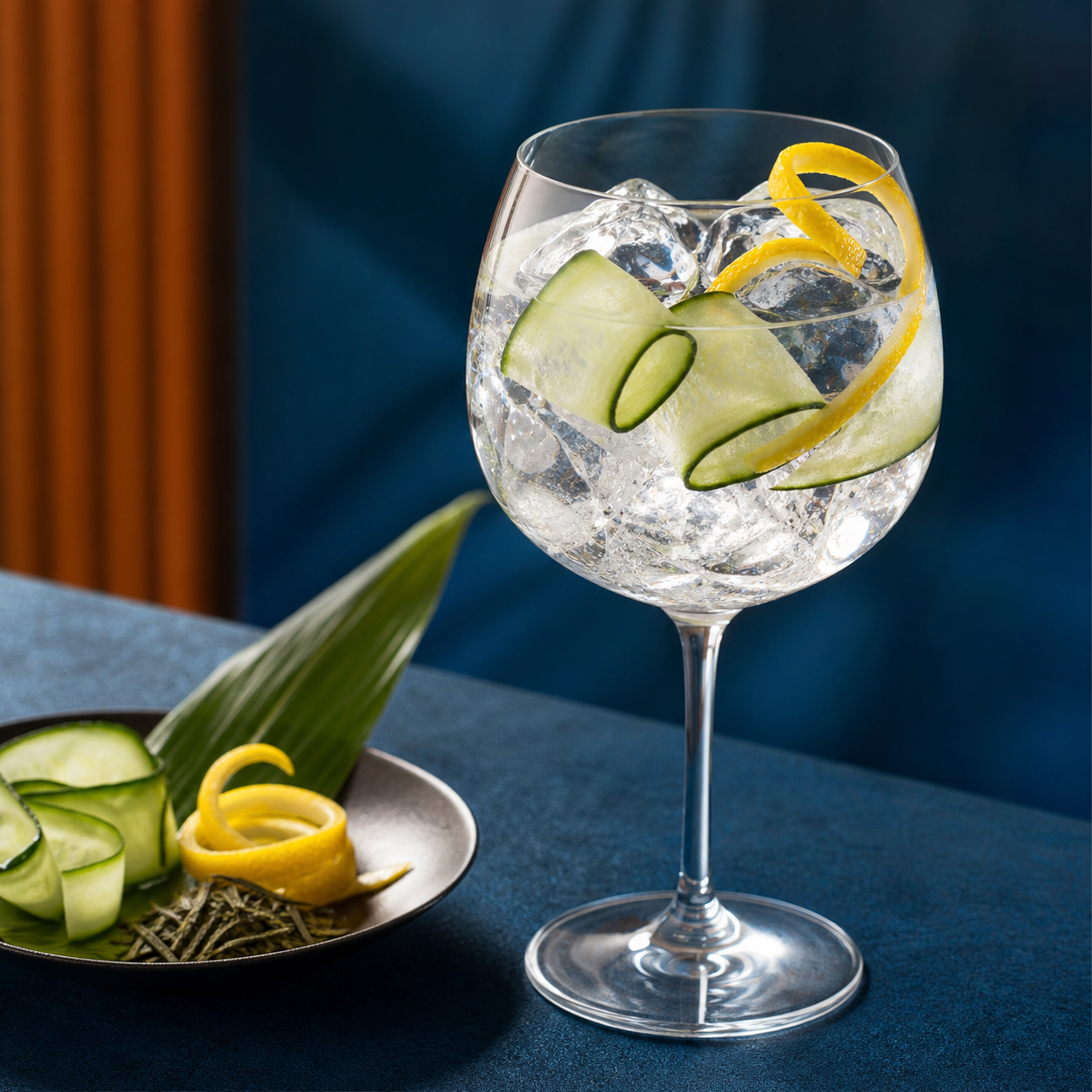 Suntory Ao Gin Rare Edition served with Fever-Tree Mediterranean Tonic Water, garnished with cucumber ribbon and yuzu peel