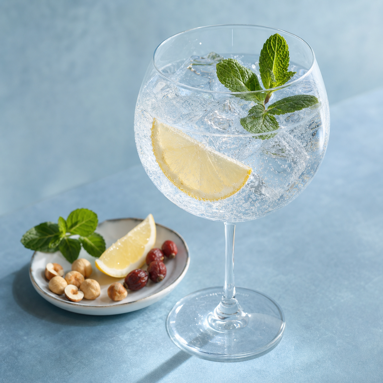 Bombay Sapphire English Estate servi avec Fever-Tree Mediterranean Tonic Water, agrémenté de lemon wedge et fresh mint sprig