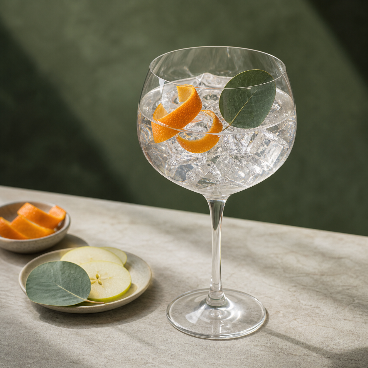 Cacimba Gin served with Fever-Tree Mediterranean Tonic Water, garnished with orange peel twist and eucalyptus leaf