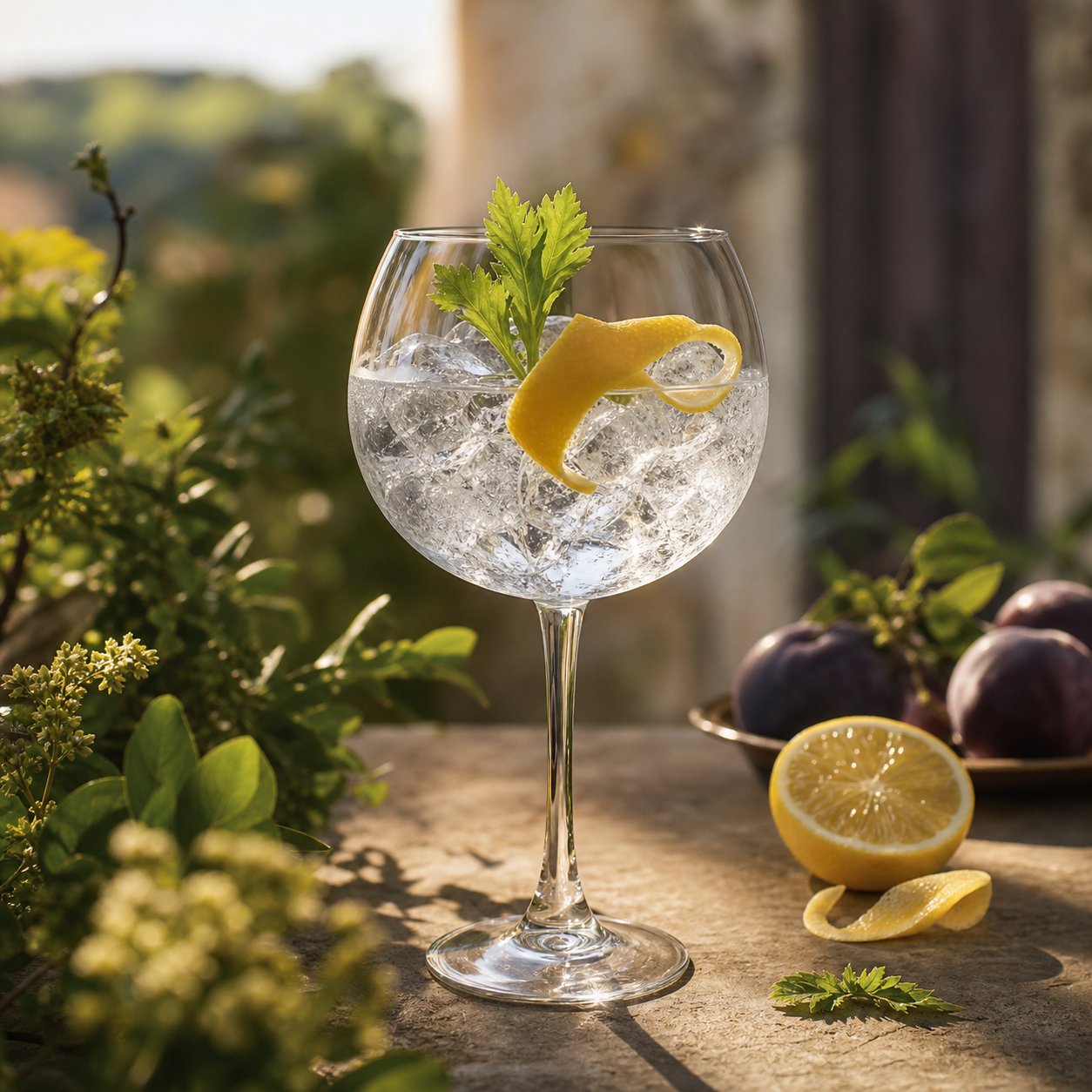 Sybaritas Gin served with Fever-Tree Indian Tonic Water, garnished with lemon peel twist and fresh celery leaf