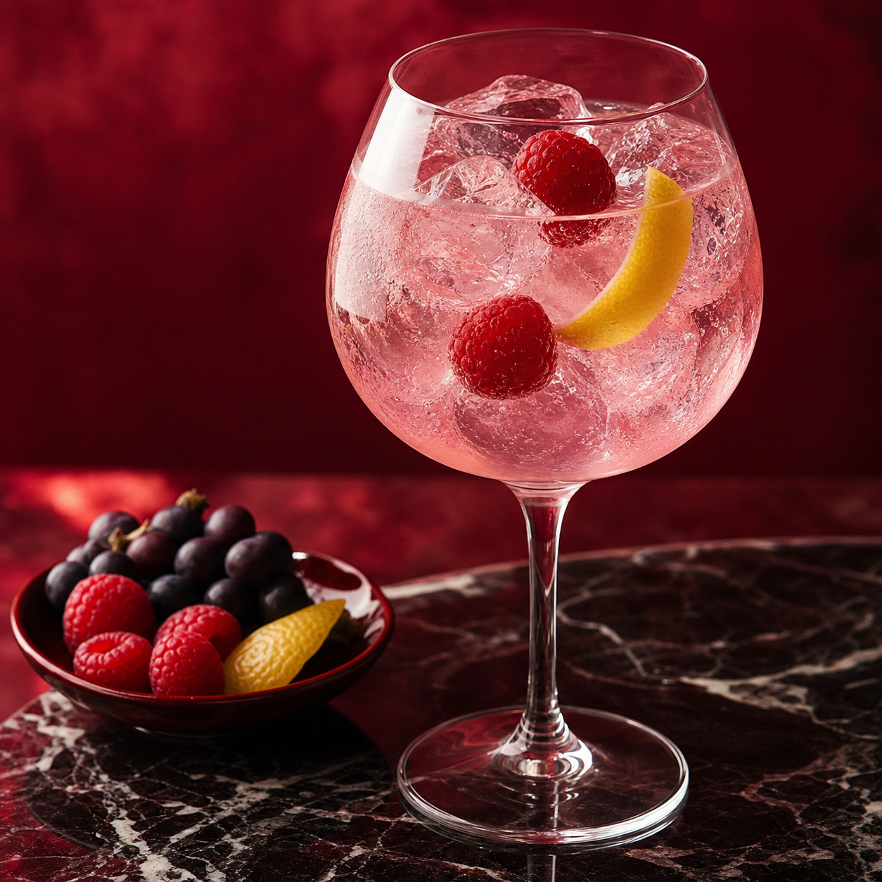 Ginache Gin servi avec Fever-Tree Sicilian Lemon Tonic, agrémenté de lemon peel twist et fresh raspberries