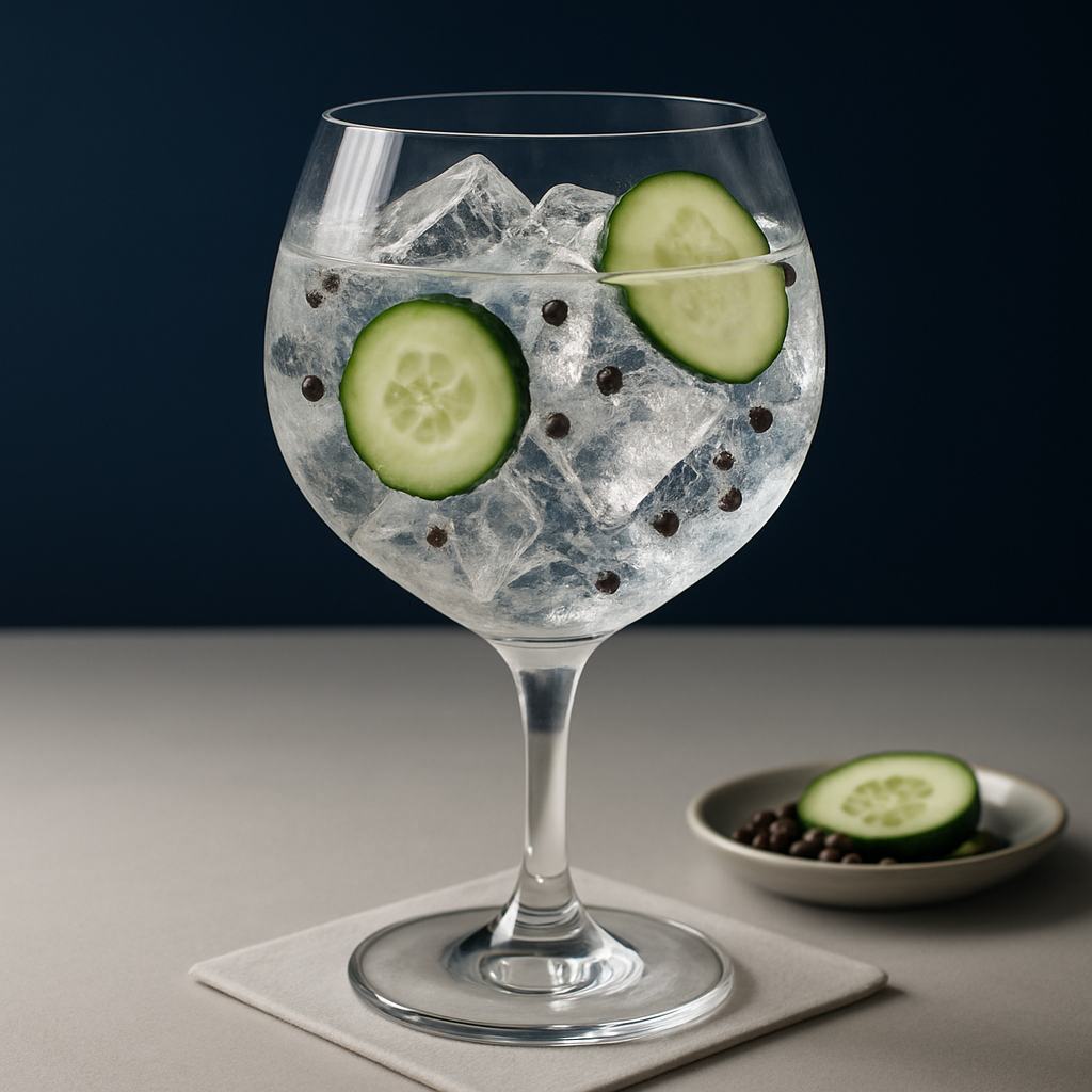 Hendrick's Lunar servi avec Thomas Henry Tonic Water, agrémenté de Cucumber slices et Black pepper