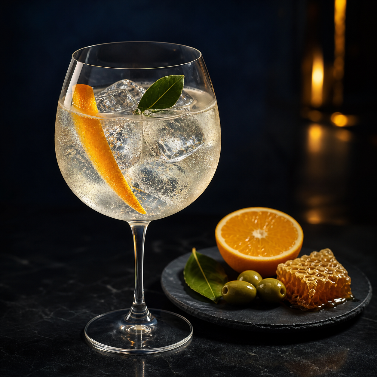 Beeswax and Olive Gin servi avec Fever-Tree Mediterranean Tonic Water, agrémenté de orange peel twist et small bay leaf sprig