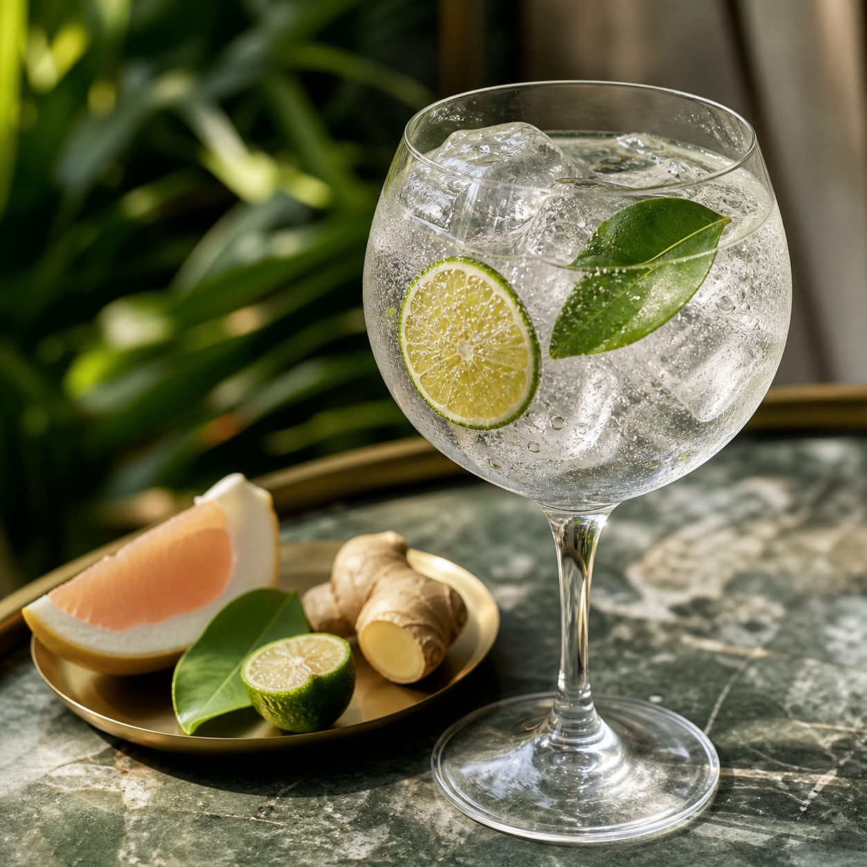 Landers Lime Gin servi avec Fever-Tree Indian Tonic Water, agrémenté de finger lime wheel et fresh lime leaf