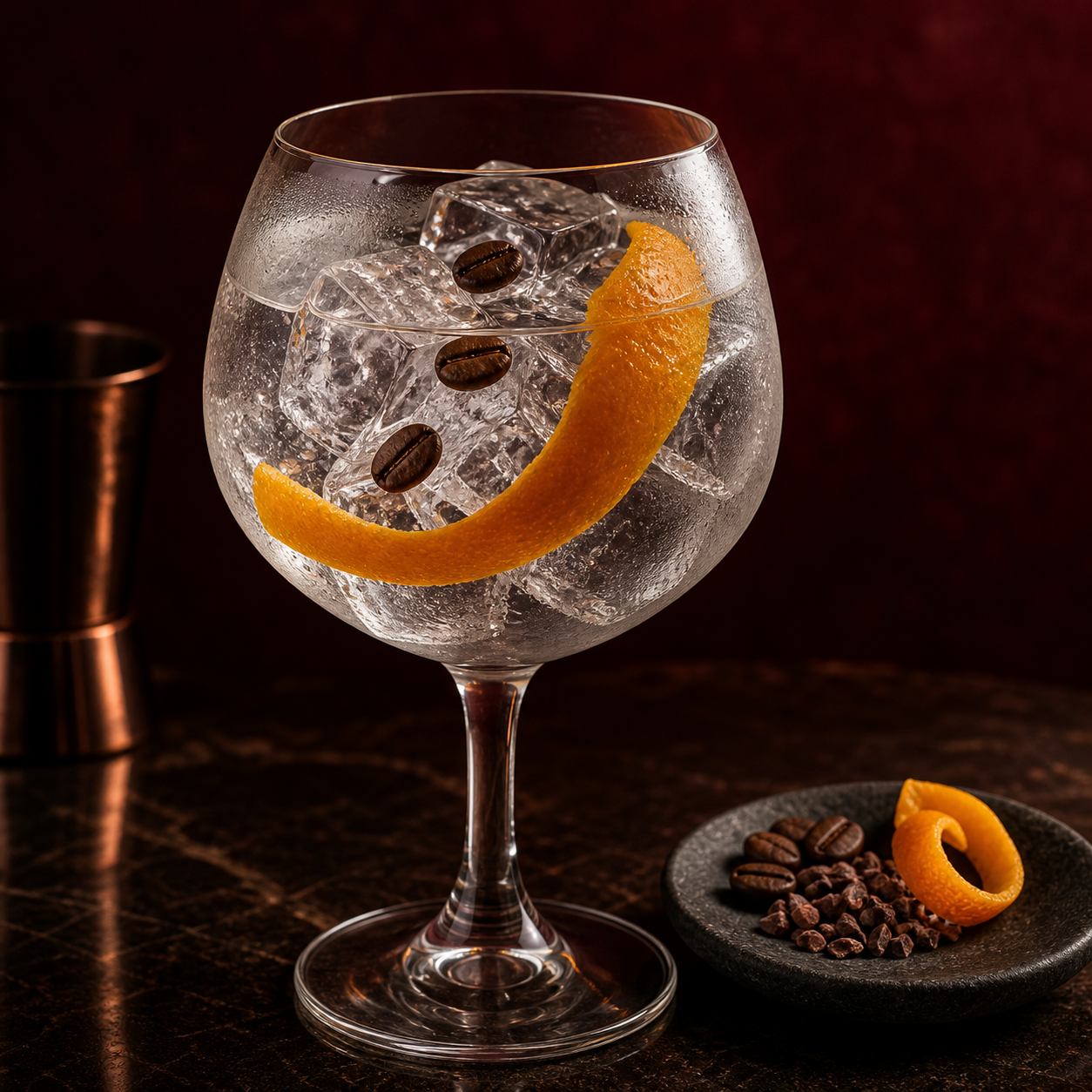 Coffee & Cacao Gin served with Fever-Tree Indian Tonic Water, garnished with orange peel twist and roasted coffee beans