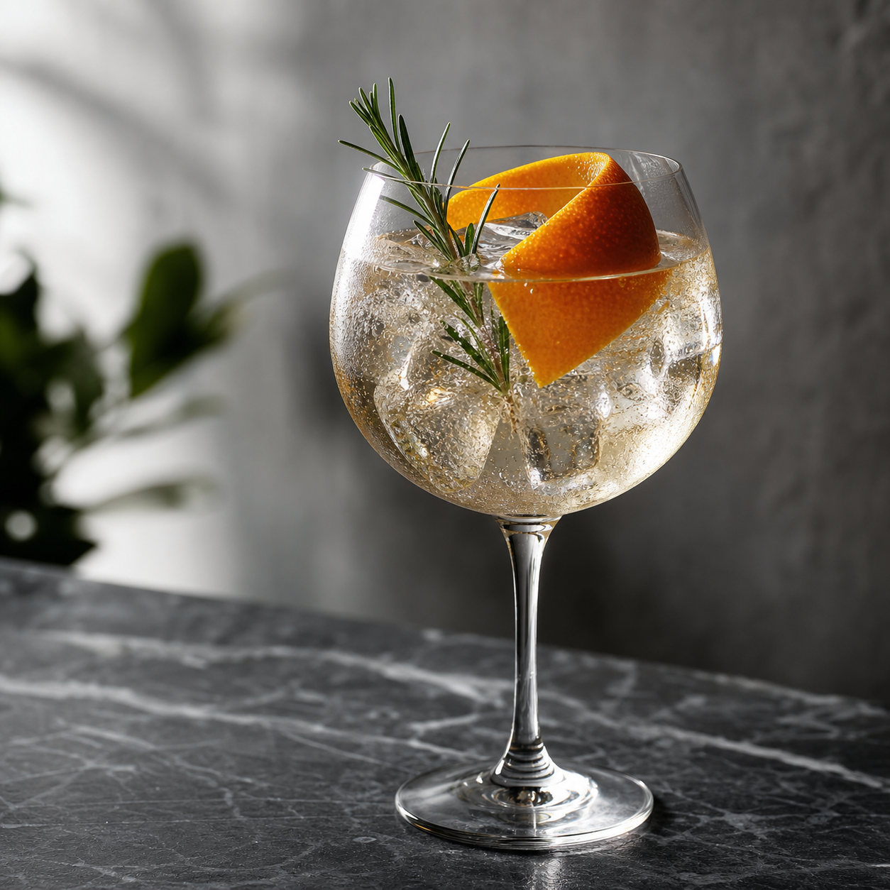 Navy Strength Asian Parsnip Gin served with Fever-Tree Indian Tonic Water, garnished with orange peel twist