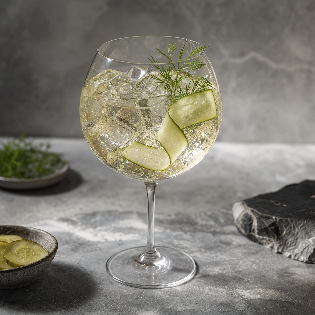 American Mustard Gin served with Fever-Tree Indian Tonic Water, garnished with gherkin ribbon