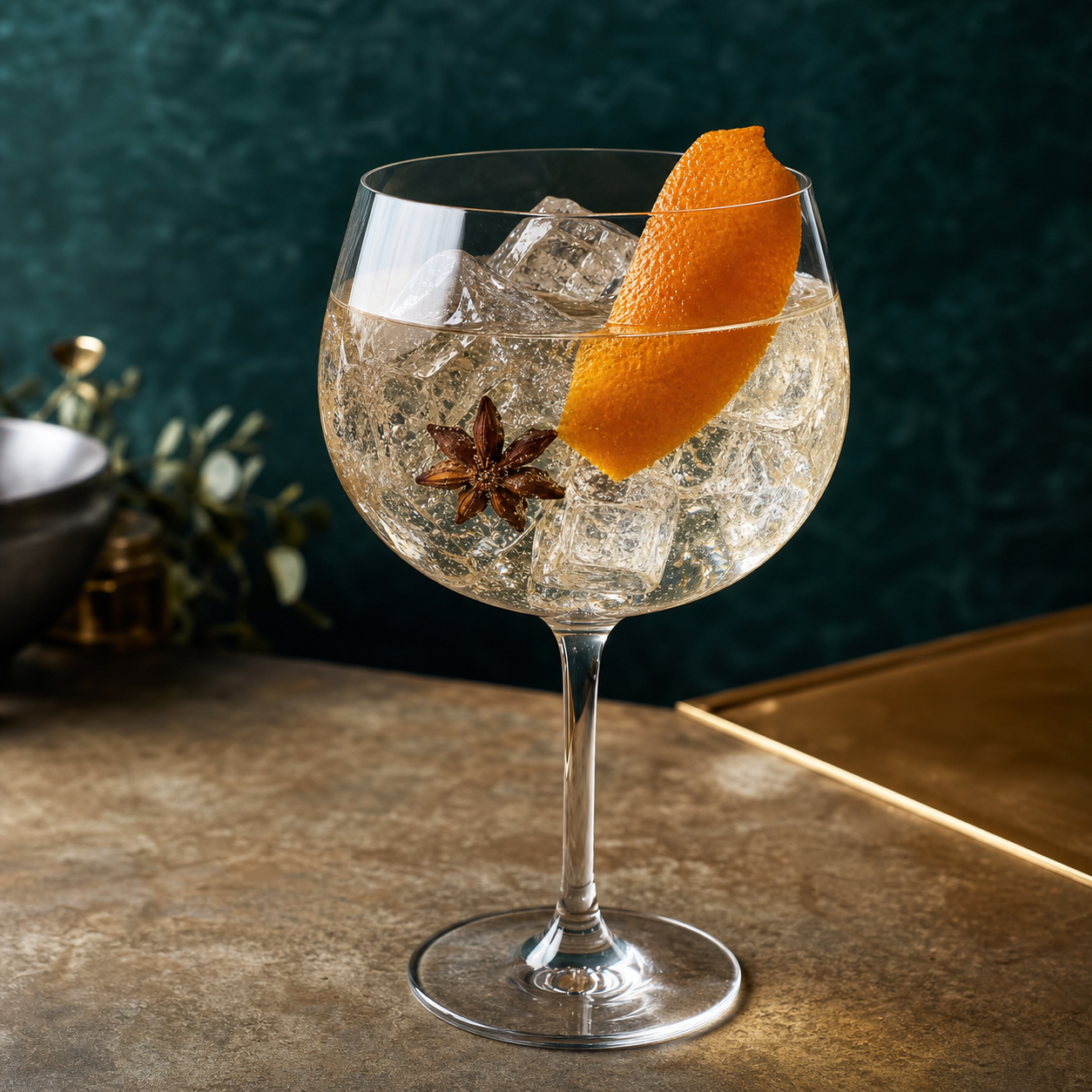 Whisky Barrel Gin served with Fever-Tree Indian Tonic Water, garnished with orange peel twist