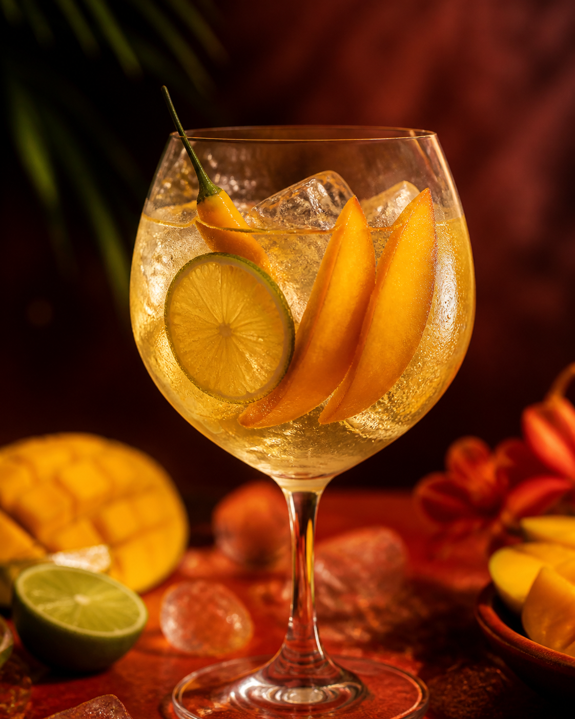 Tarquin's Chilli Mango Gin servi avec Fever-Tree Indian Tonic Water, agrémenté de Mango, lime and yellow chilli
