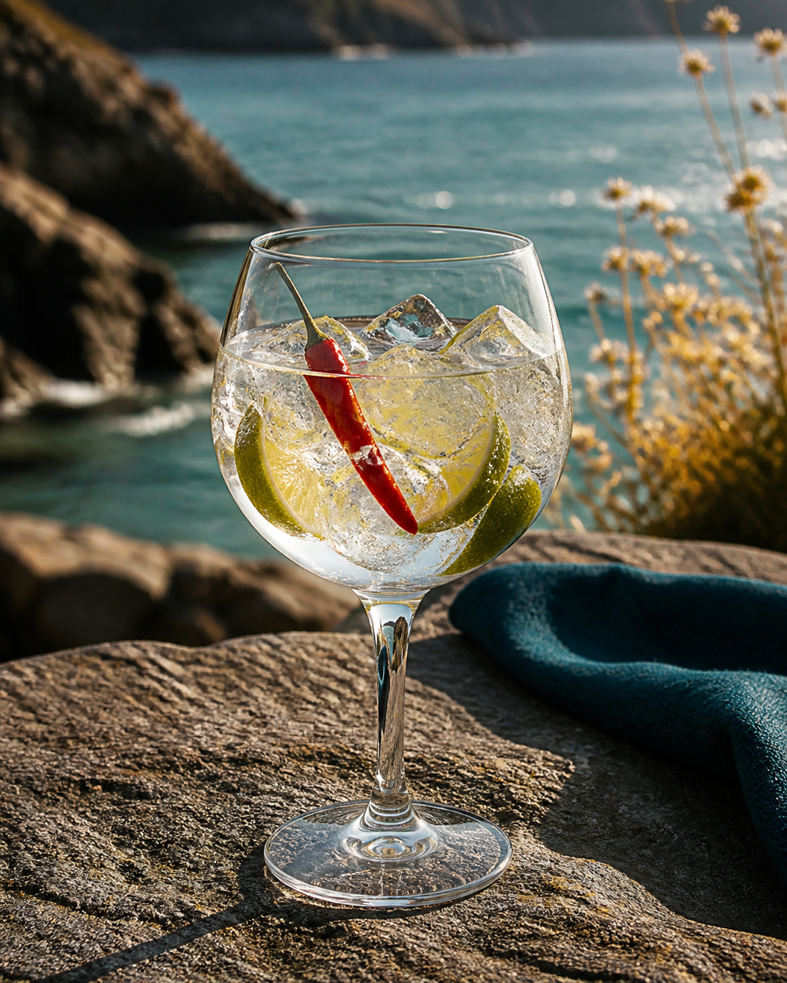 Tarquin's Mexican Zest & Salt Gin served with Fever-Tree Mediterranean Tonic Water, garnished with Lime and chilli