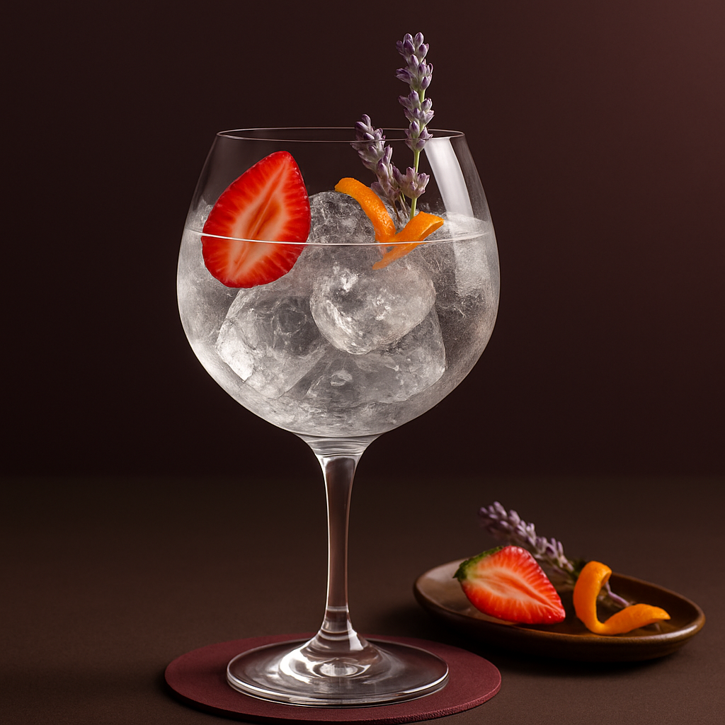 Hendrick's Midsummer Solstice served with Thomas Henry Elderflower Tonic, garnished with Fresh Strawberry Slice and Sprig of Lavender