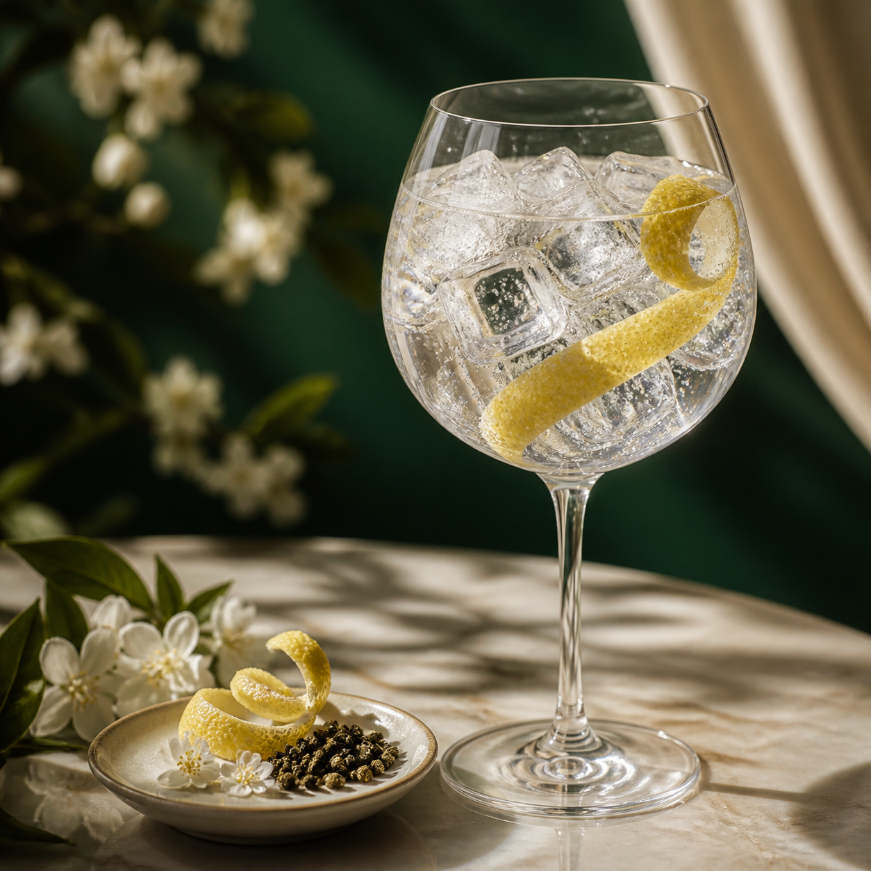 Pearl Jasmine Gin served with Fever-Tree Indian Tonic Water, garnished with Lemon peel