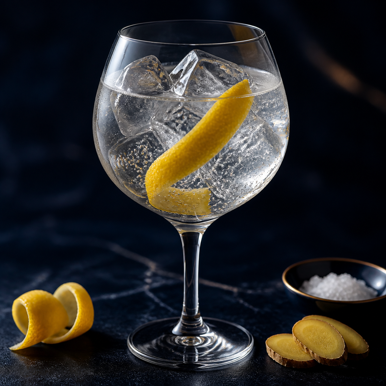 Brass Lion Navy Strength Gin servi avec Fever-Tree Indian Tonic Water, agrémenté de Lemon peel