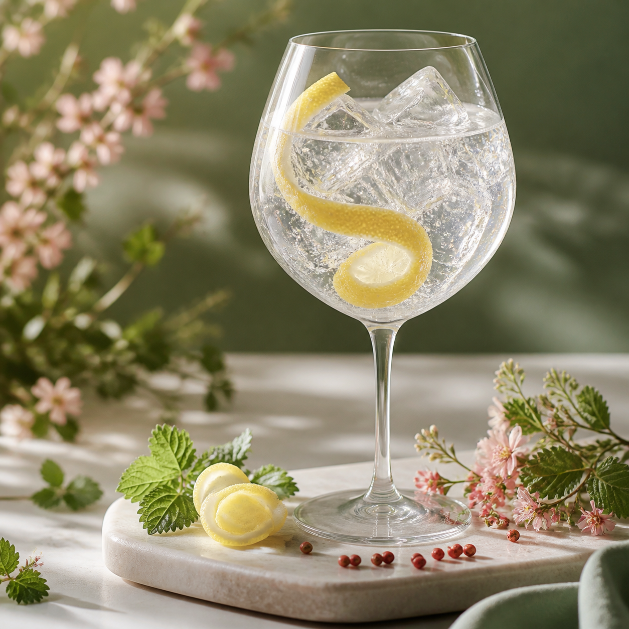 Seasonal Spring Gin served with Fever-Tree Indian Tonic Water, garnished with Lemon peel
