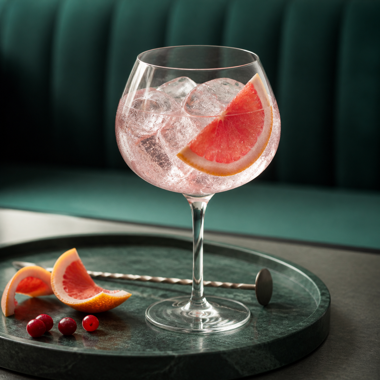 Kyro Pink Gin served with Fever-Tree Raspberry & Rhubarb Tonic, garnished with Pink grapefruit wedge