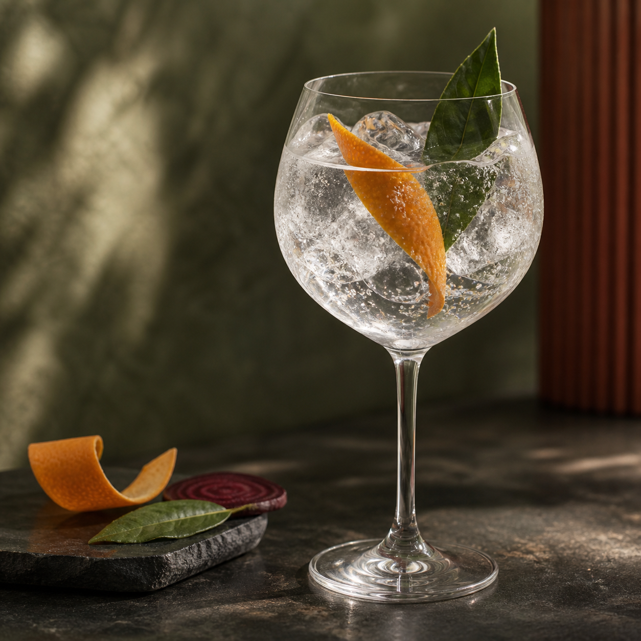 London Drizzle Gin served with Fever-Tree Indian Tonic Water, garnished with Orange peel and bay leaf