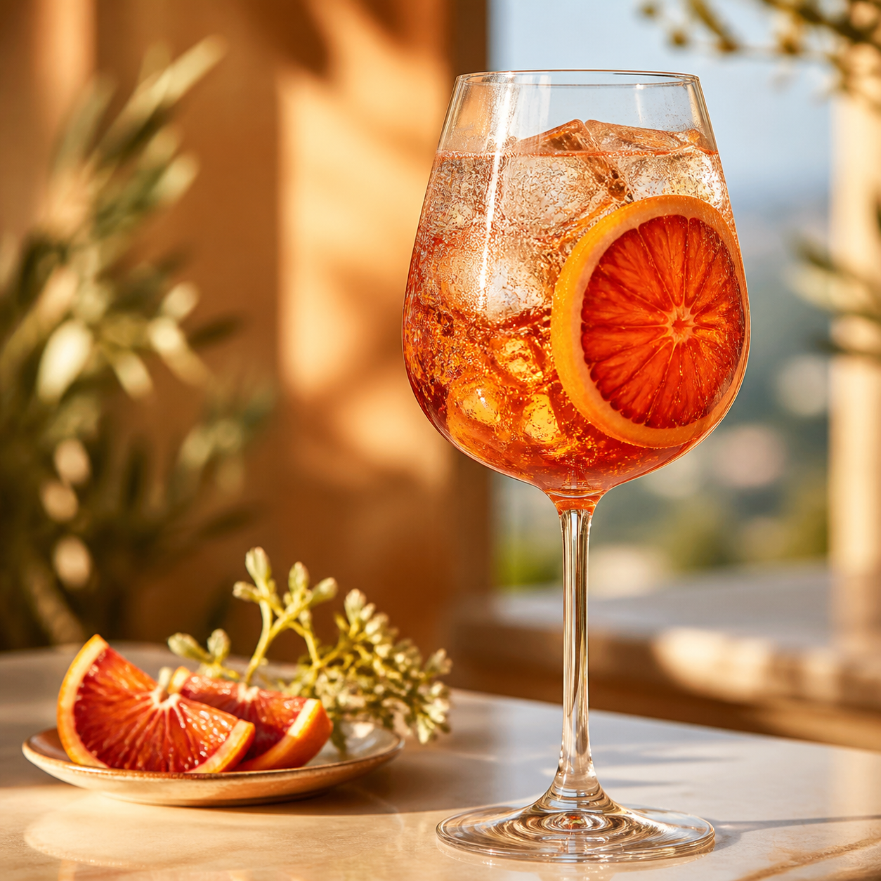 Tarquin's Cornish Sunshine Blood Orange Gin served with Sparkling elderflower, garnished with Blood orange wheel