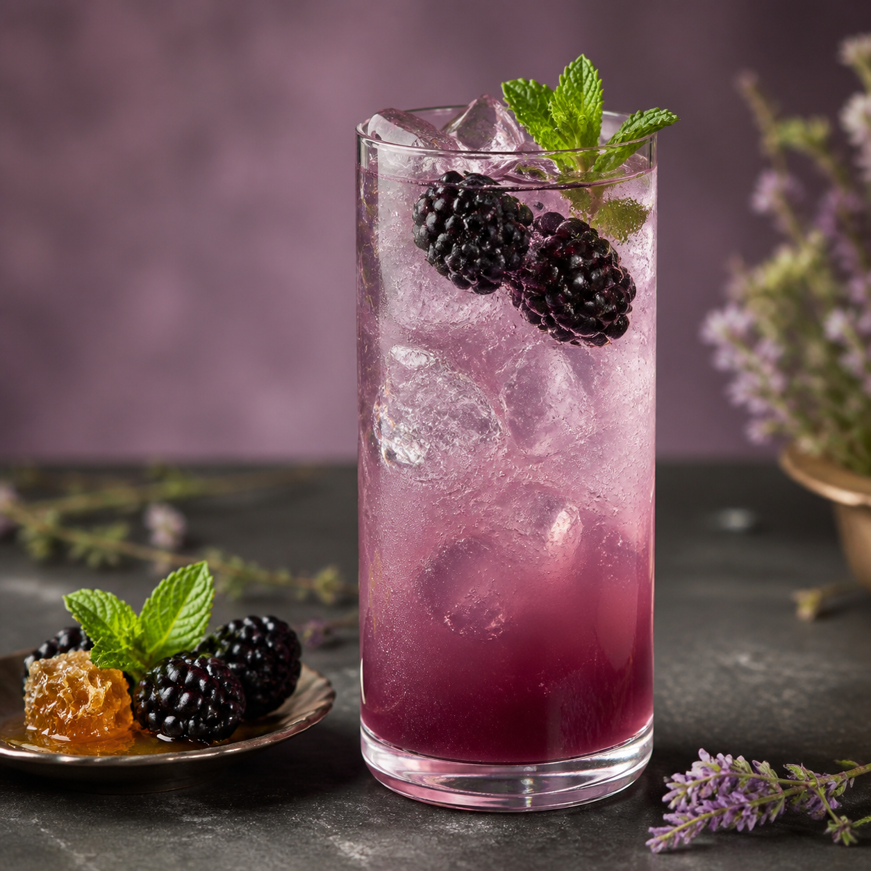 Tarquin's British Blackberry Gin servi avec Cloudy lemonade, agrémenté de Blackberry and mint
