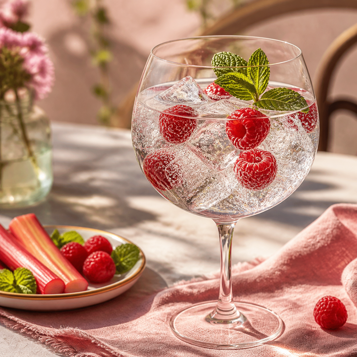 Tarquin's Rhubarb & Raspberry Gin served with Fever-Tree Ginger Ale, garnished with Raspberry and mint