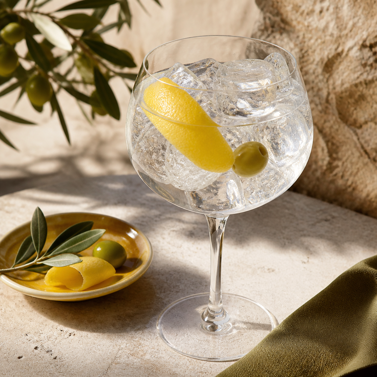 Tarquin's Olive Leaf & Lemon Eden Project Gin servi avec Fever-Tree Mediterranean Tonic Water, agrémenté de Lemon peel and olive