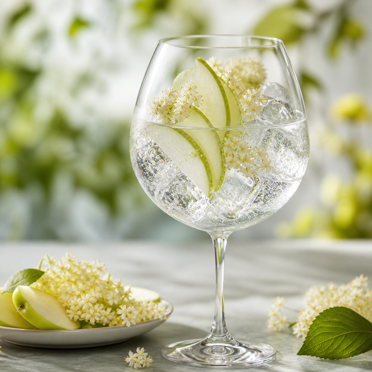 Tarquin's Cornish Apple & Elderflower Gin served with Fever-Tree Indian Tonic Water, garnished with Apple and elderflower