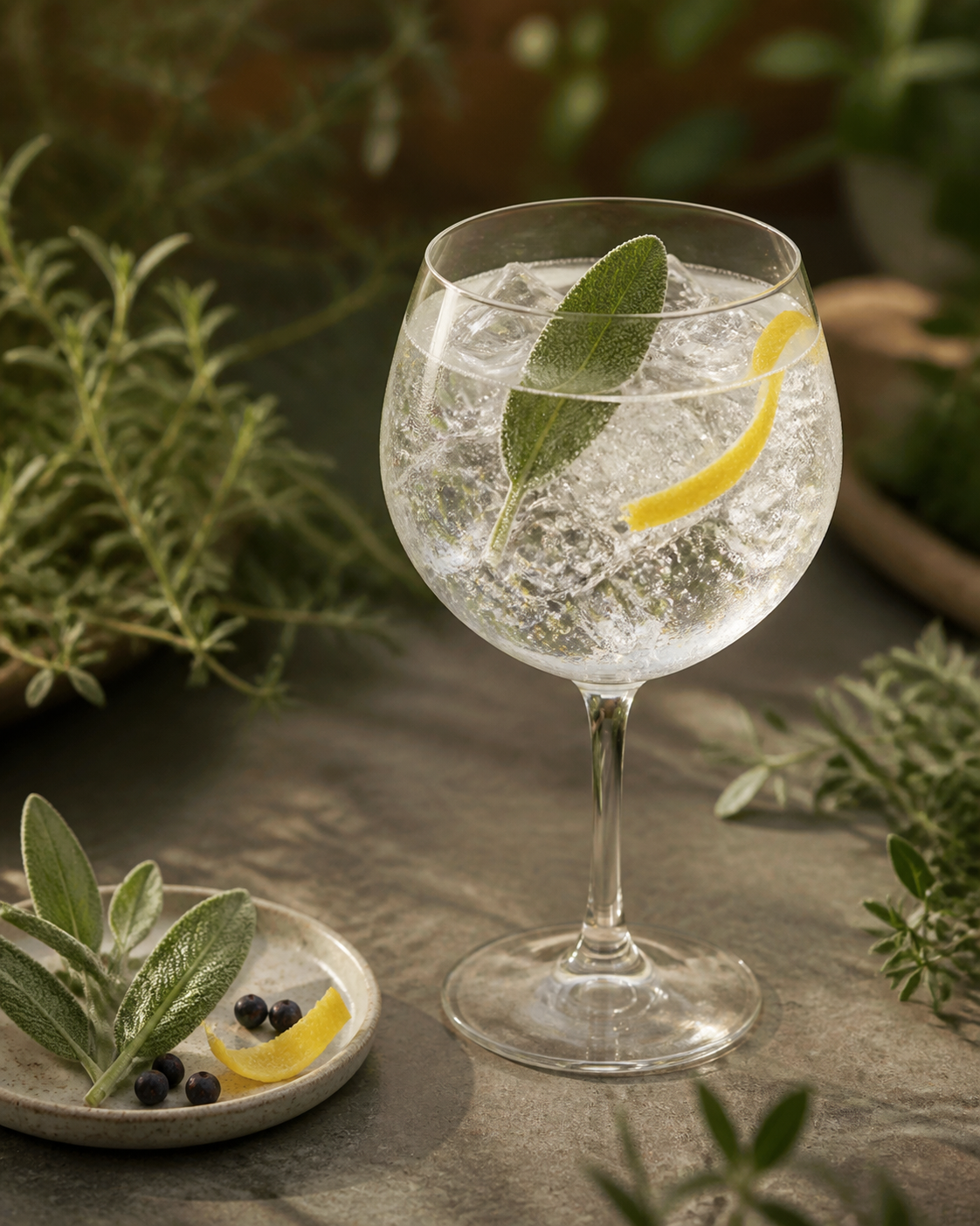Black Fox Sage Gin served with Fever-Tree Mediterranean Tonic Water, garnished with Fresh sage leaf and Lemon peel twist