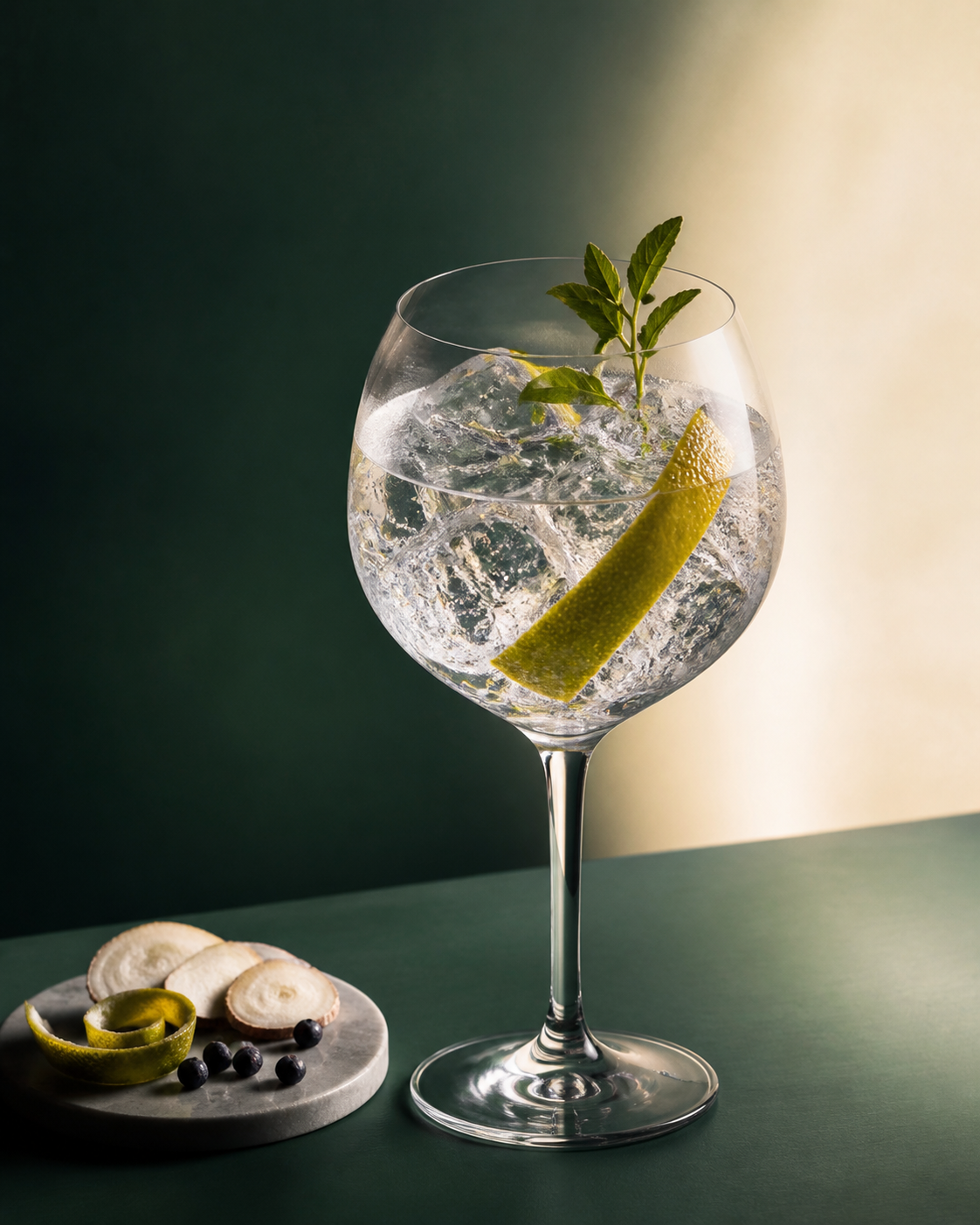 Elevated Gin served with Fever-Tree Indian Tonic Water, garnished with Citrus peel and Fresh herb sprig