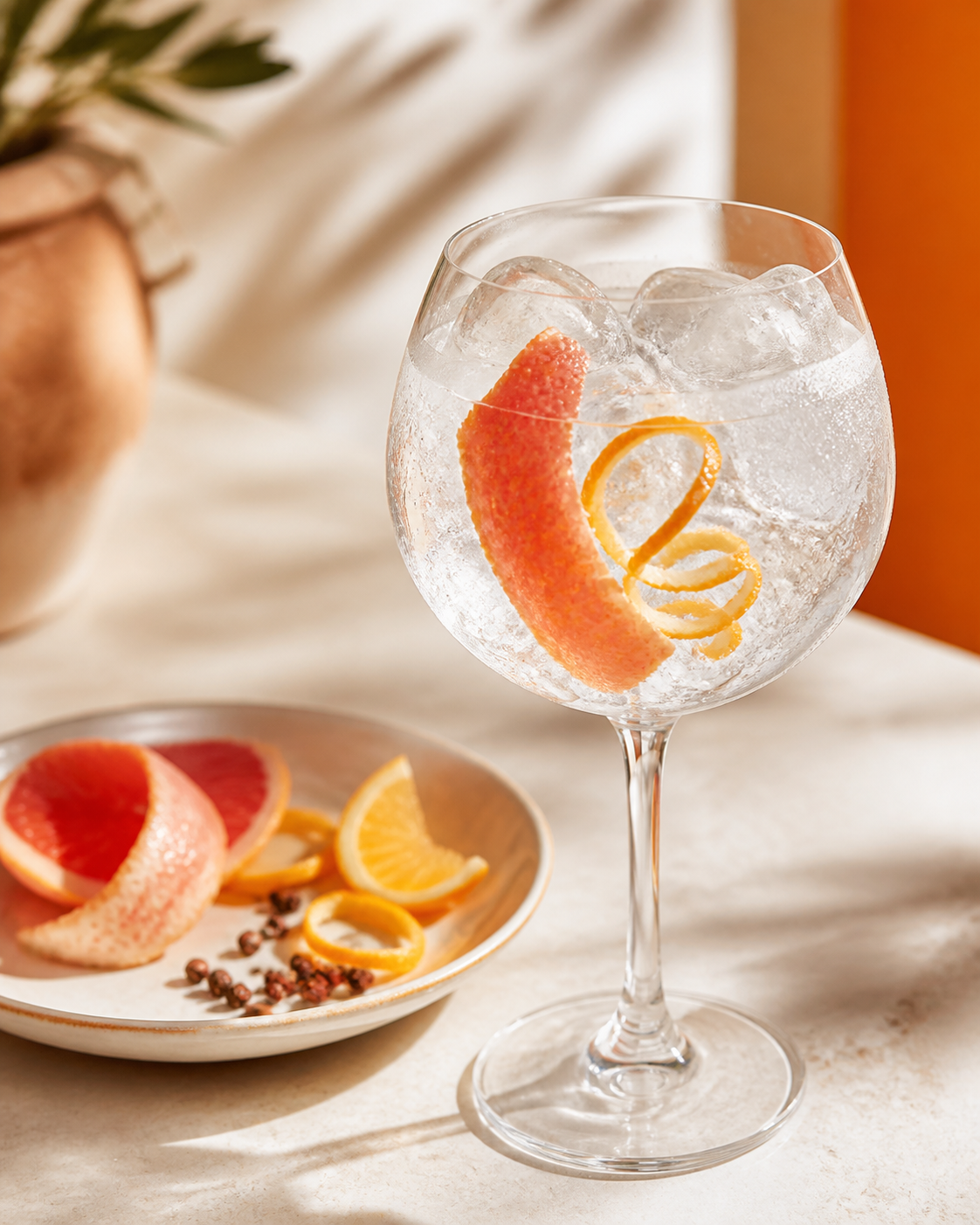 Edinburgh Gin Grapefruit & Mandarin servi avec Fever-Tree Mediterranean Tonic Water, agrémenté de Grapefruit twist et Mandarin peel