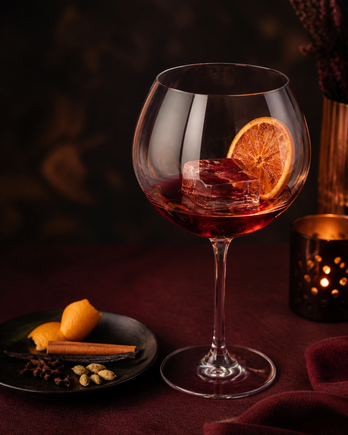 Gin-U-Wine served, garnished with Cinnamon-sugar candied orange slice