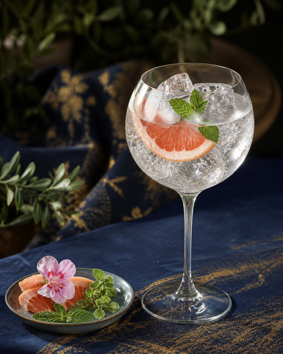 Patience Summer 2026 Gin served with Fever-Tree Indian Tonic Water, garnished with Pink grapefruit slice and Fresh mint sprig
