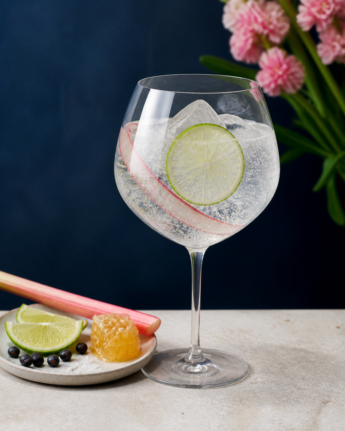 Patience Spring Gin 2026 served with Fever-Tree Mediterranean Tonic Water, garnished with Lime wheel and Rhubarb ribbon