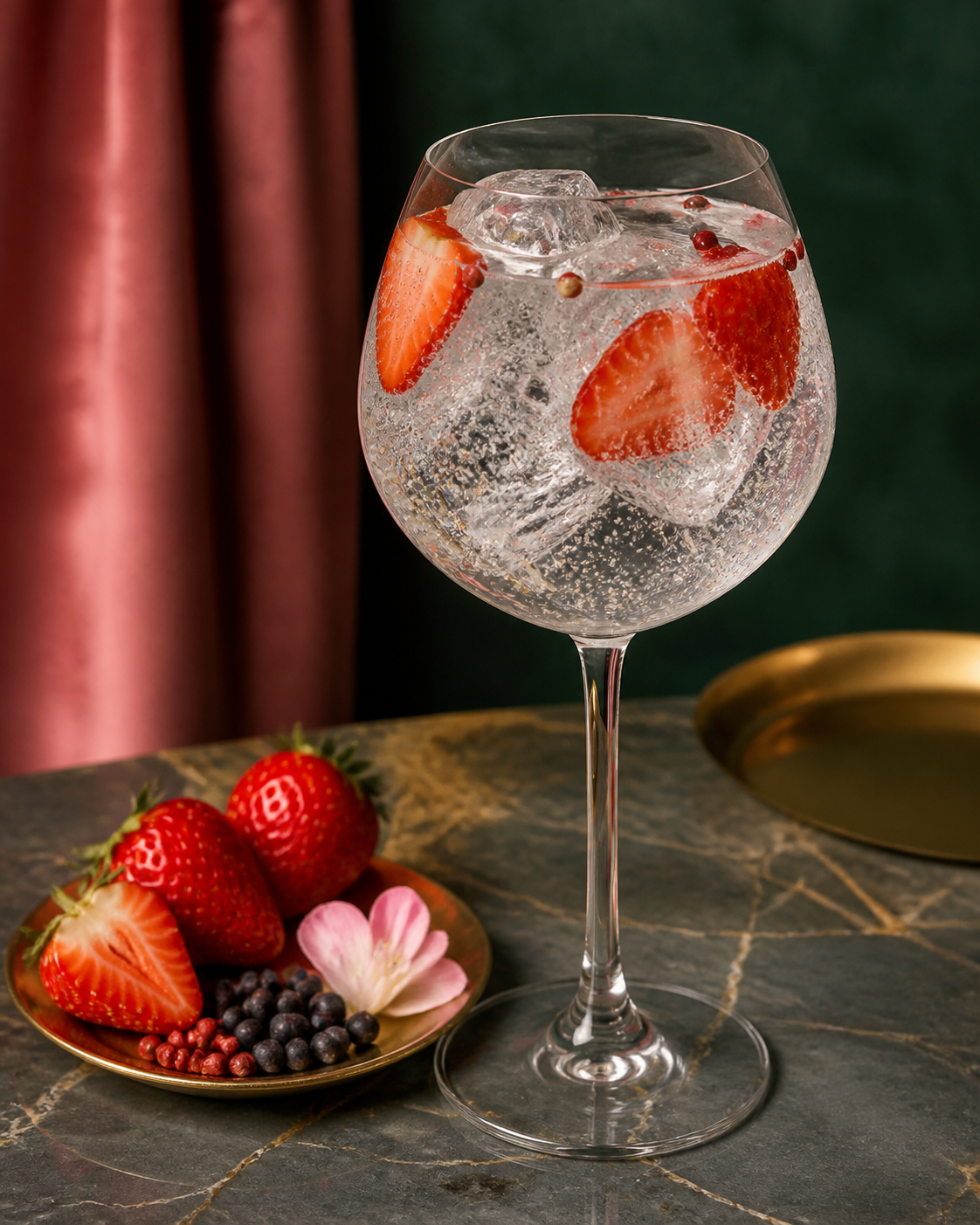 Edinburgh Gin Strawberry & Pink Peppercorn served with Fever-Tree Indian Tonic Water, garnished with Fresh strawberries and Pink peppercorns