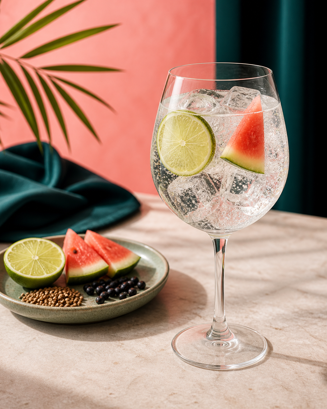 Edinburgh Gin Watermelon & Lime served with Fever-Tree Mediterranean Tonic Water, garnished with Lime wheel and Watermelon wedge