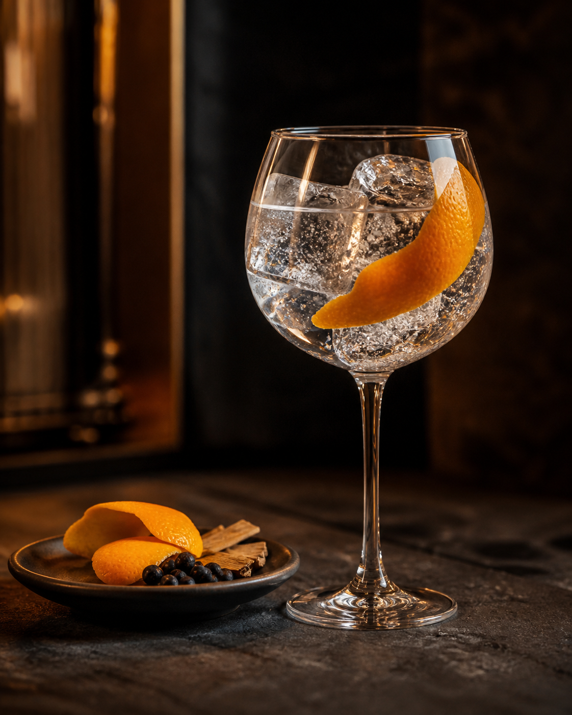 Black Fox Oaked Gin servi avec Fever-Tree Indian Tonic Water, agrémenté de Orange peel